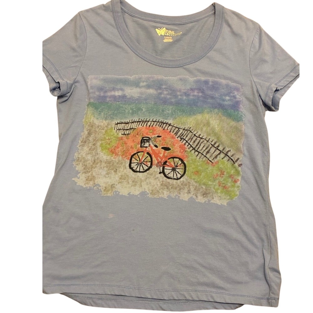 Natural Reflections Womens Blue Bicycle Beach Graphic T-Shirt Large Scoop Neck